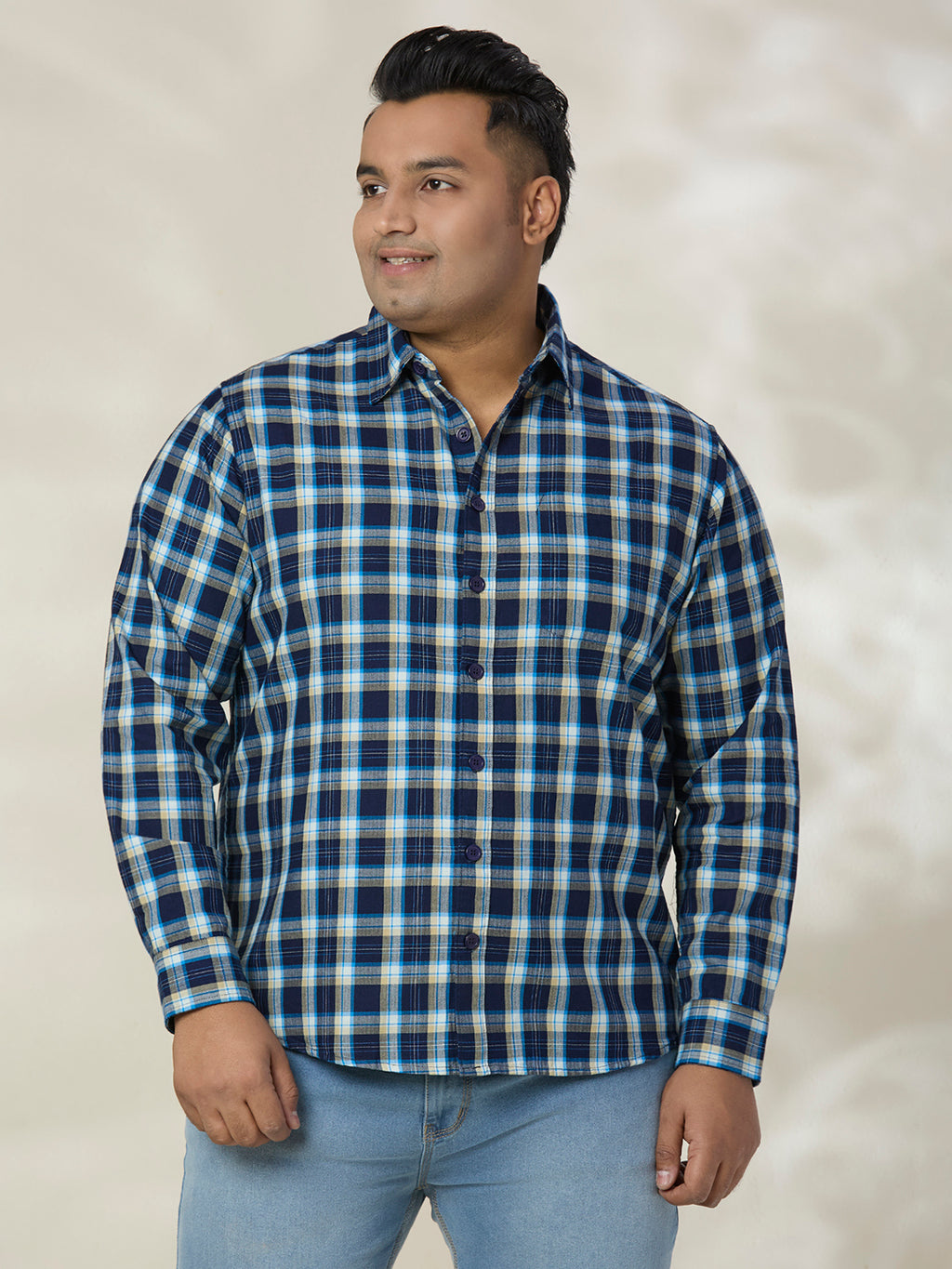 Plus Size Cotton Check 1 Pocket Regular Fit Smart Casual Shirt - 1239-Blue