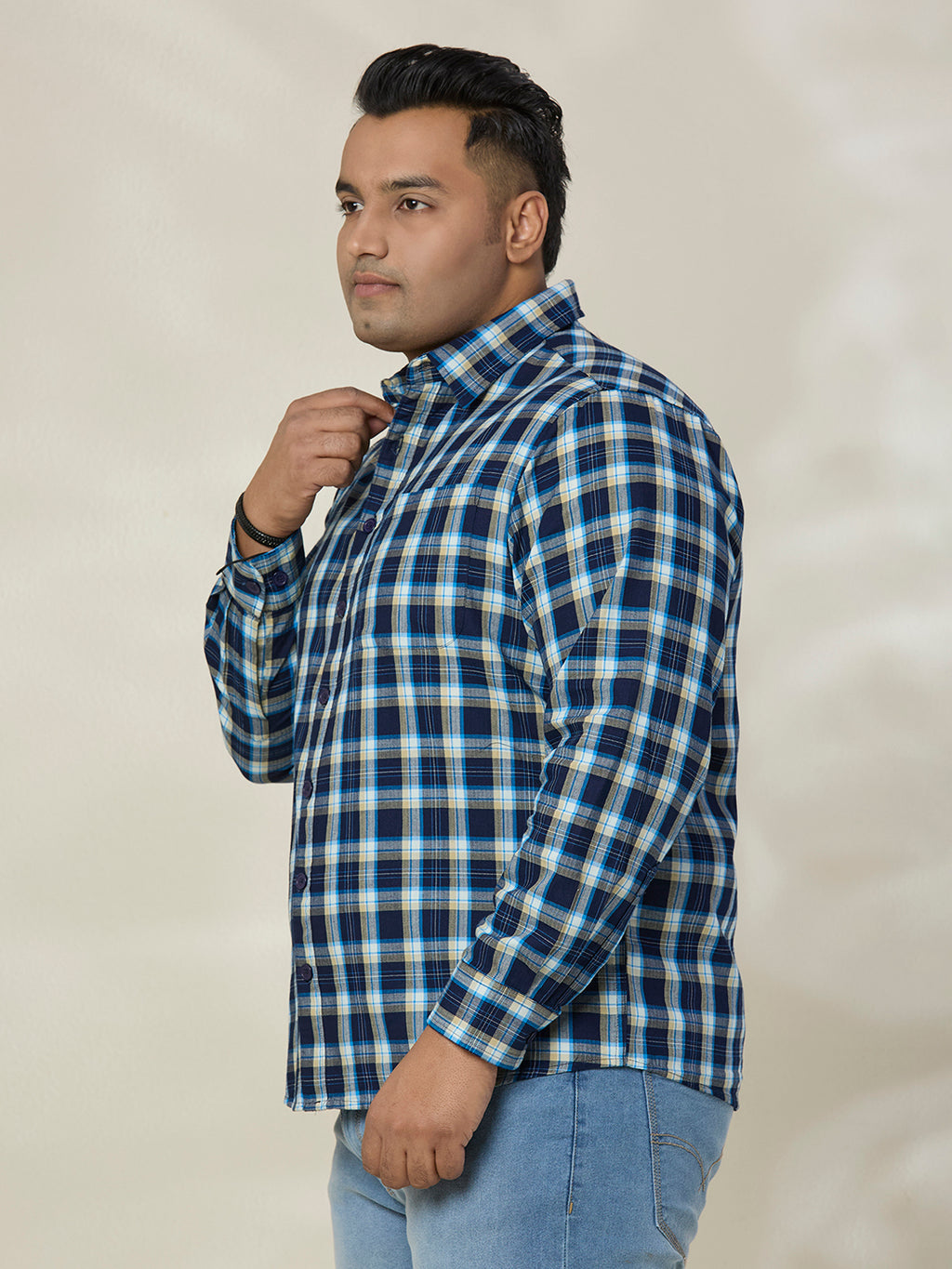 Plus Size Cotton Check 1 Pocket Regular Fit Smart Casual Shirt - 1239-Blue