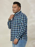 Plus Size Cotton Check 1 Pocket Regular Fit Smart Casual Shirt - 1239-Blue