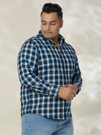 Plus Size Cotton Check 1 Pocket Regular Fit Smart Casual Shirt - 1239-Blue
