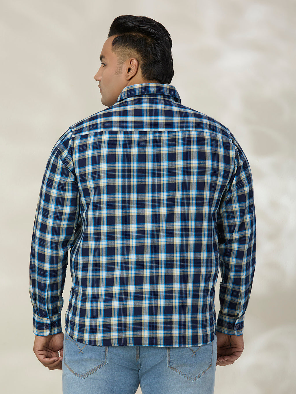 Plus Size Cotton Check 1 Pocket Regular Fit Smart Casual Shirt - 1239-Blue