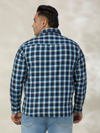 Plus Size Cotton Check 1 Pocket Regular Fit Smart Casual Shirt - 1239-Blue