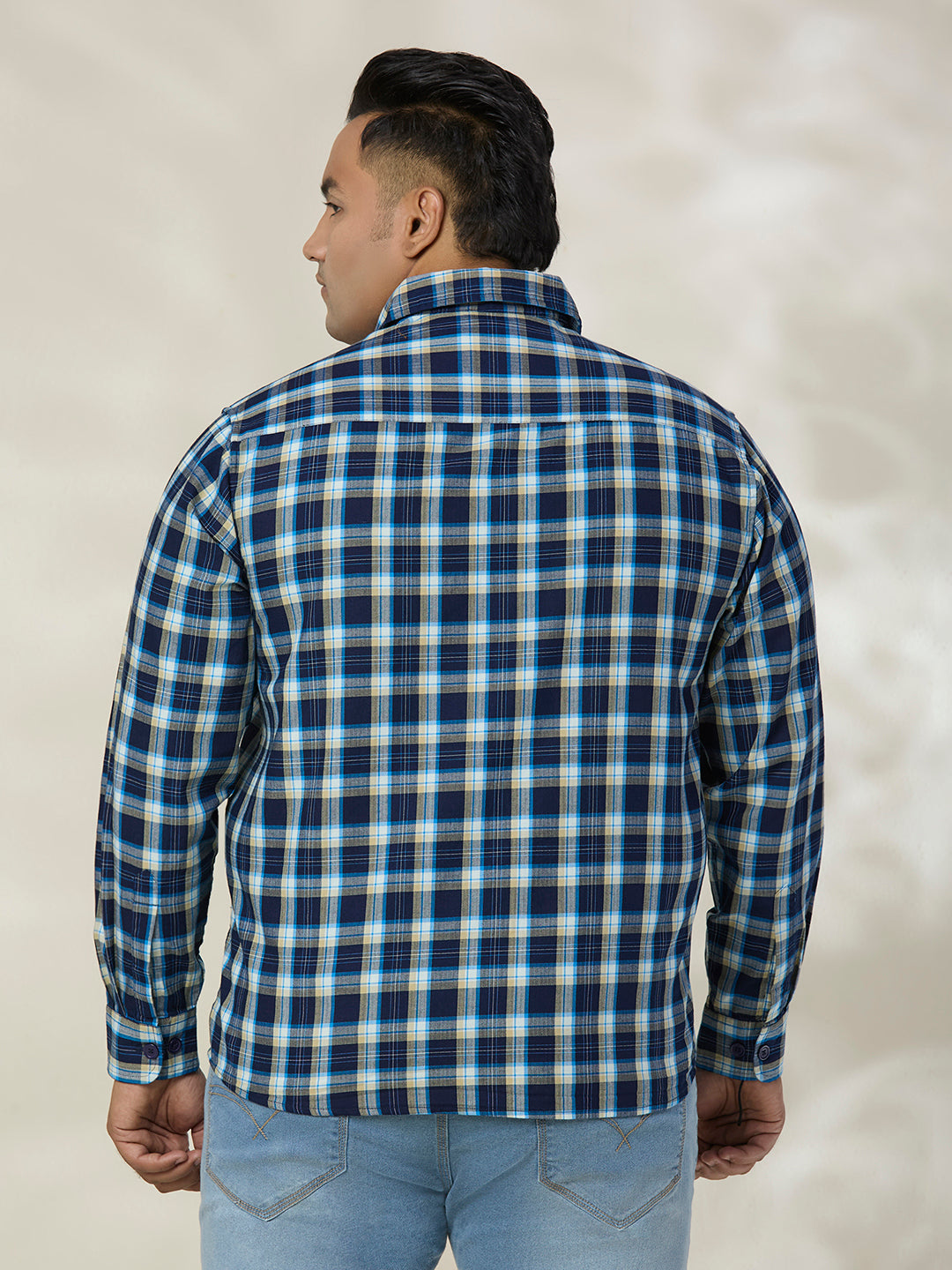 Plus Size Cotton Check 1 Pocket Regular Fit Smart Casual Shirt - 1239-Blue