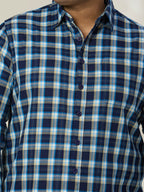 Plus Size Cotton Check 1 Pocket Regular Fit Smart Casual Shirt - 1239-Blue