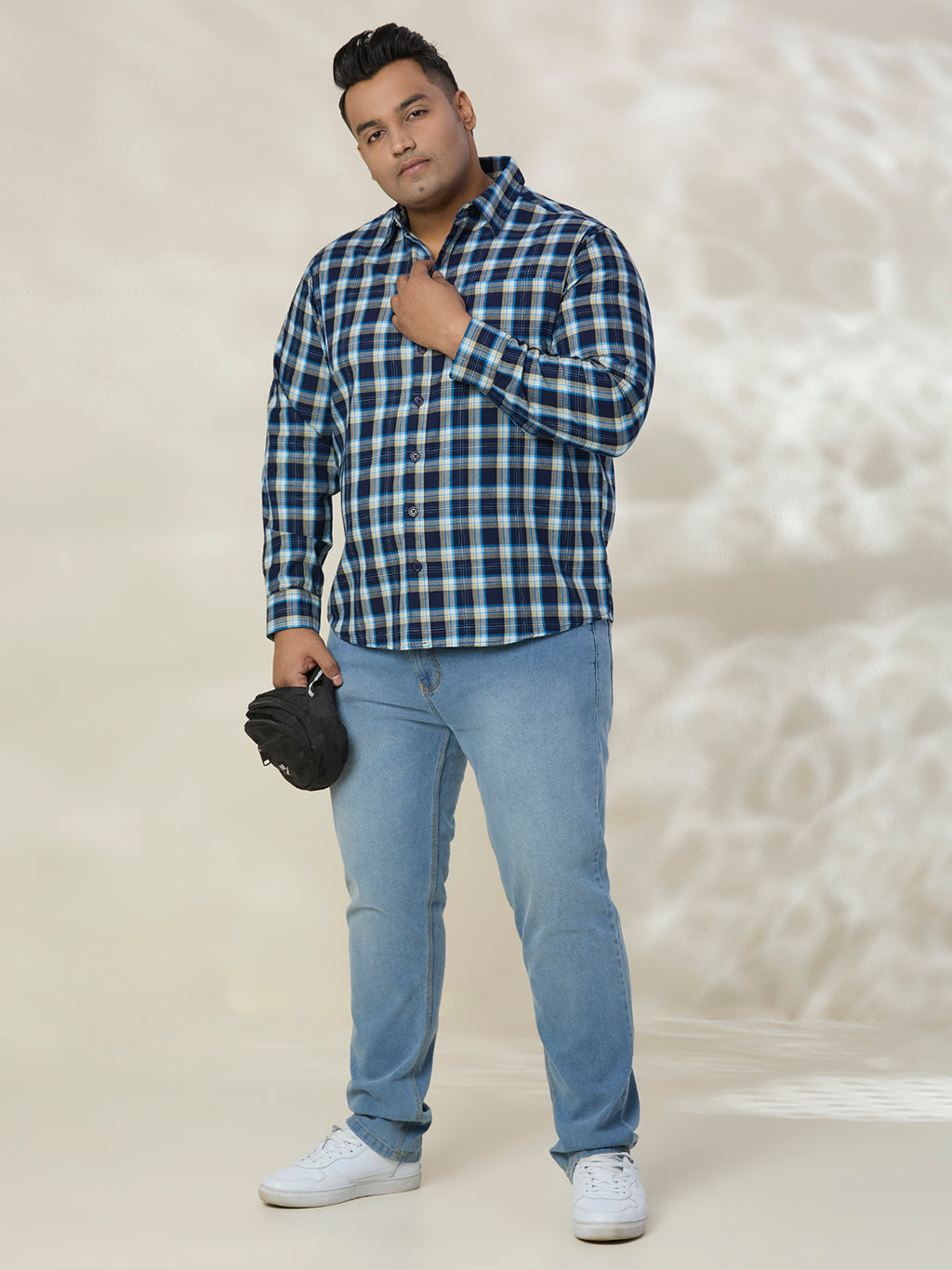 Plus Size Cotton Check 1 Pocket Regular Fit Smart Casual Shirt - 1239-Blue