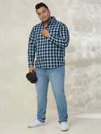 Plus Size Cotton Check 1 Pocket Regular Fit Smart Casual Shirt - 1239-Blue