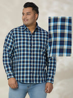 Plus Size Cotton Check 1 Pocket Regular Fit Smart Casual Shirt - 1239-Blue
