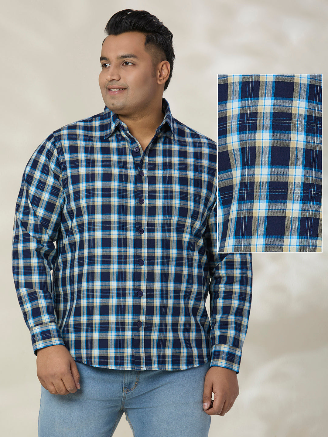 Plus Size Cotton Check 1 Pocket Regular Fit Smart Casual Shirt - 1239-Blue