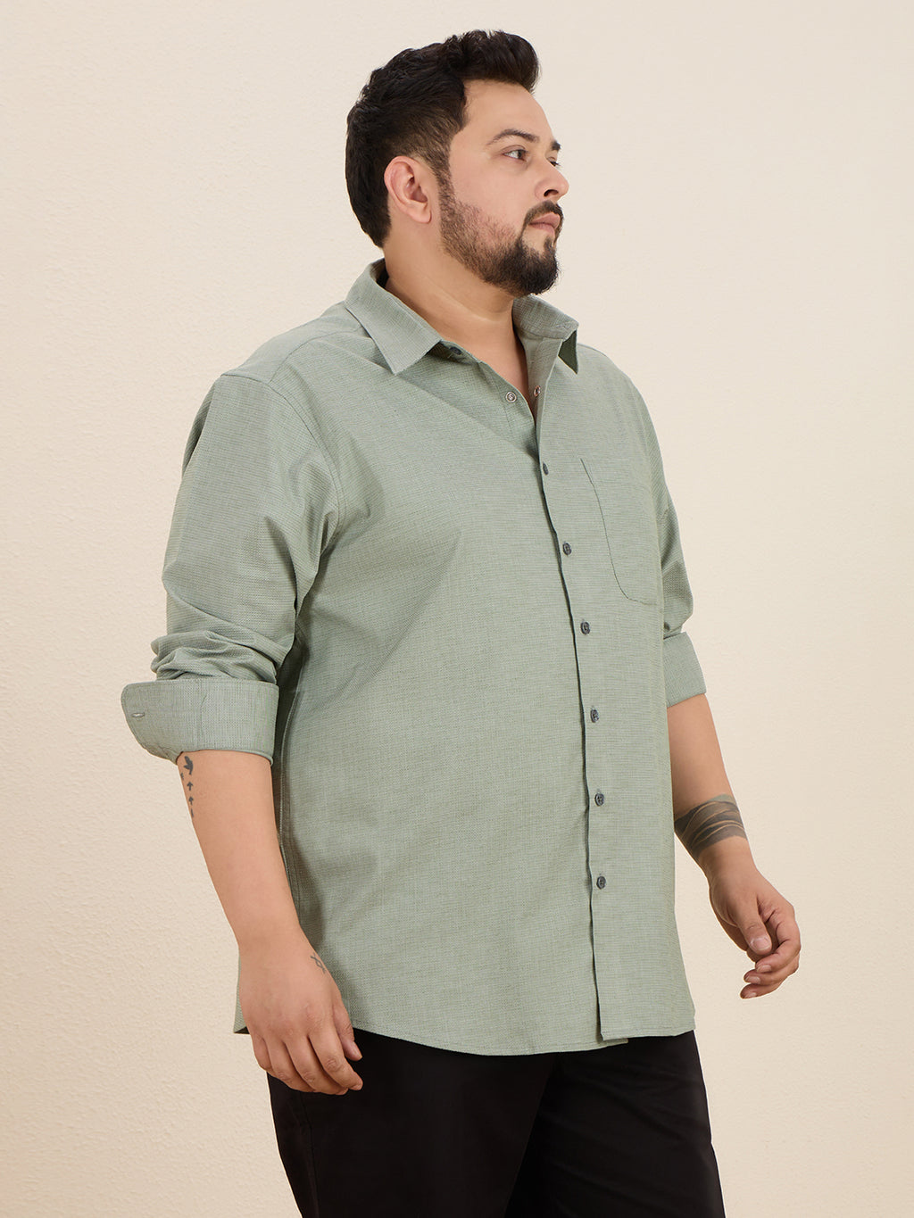 Plus Size Cotton 1 Pocket Regular Fit Smart Casual Shirt - Olive