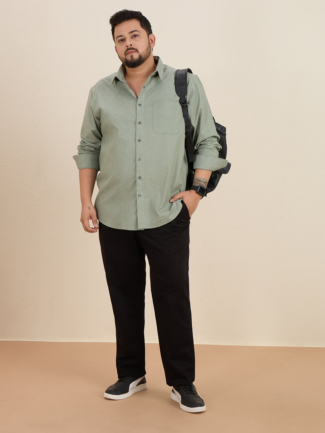 Plus Size Cotton 1 Pocket Regular Fit Smart Casual Shirt - Olive