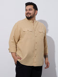 Plus Size Cotton Linen Shirt 1 Pocket Regular Fit Smart Casual Shirt, Style- Plus-2k53-HoneyGold