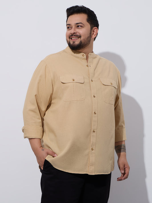 Plus Size Cotton Linen Shirt 1 Pocket Regular Fit Smart Casual Shirt, Style- Plus-2k53-HoneyGold