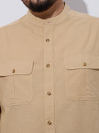Plus Size Cotton Linen Shirt 1 Pocket Regular Fit Smart Casual Shirt, Style- Plus-2k53-HoneyGold