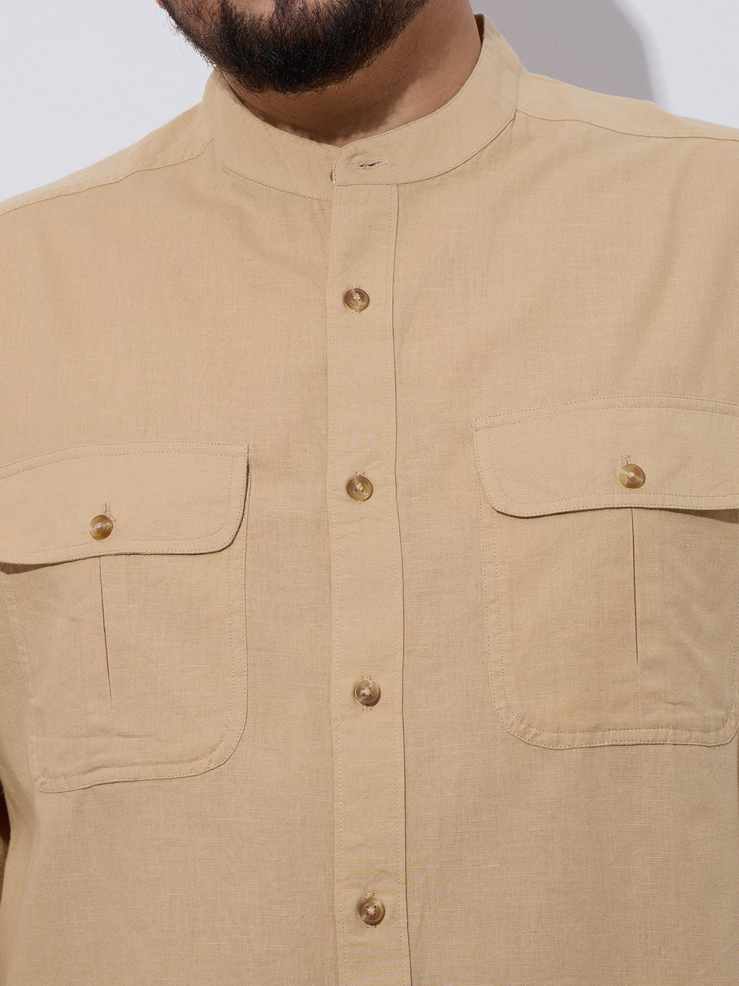 Plus Size Cotton Linen Shirt 1 Pocket Regular Fit Smart Casual Shirt, Style- Plus-2k53-HoneyGold
