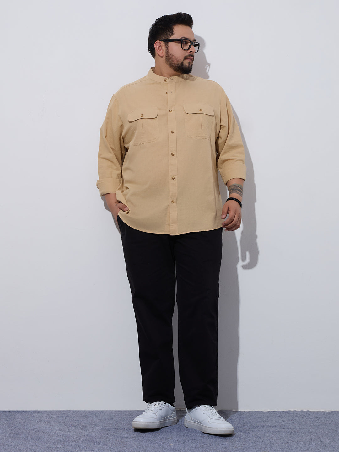 Plus Size Cotton Linen Shirt 1 Pocket Regular Fit Smart Casual Shirt, Style- Plus-2k53-HoneyGold