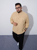 Plus Size Cotton Linen Shirt 1 Pocket Regular Fit Smart Casual Shirt, Style- Plus-2k53-HoneyGold