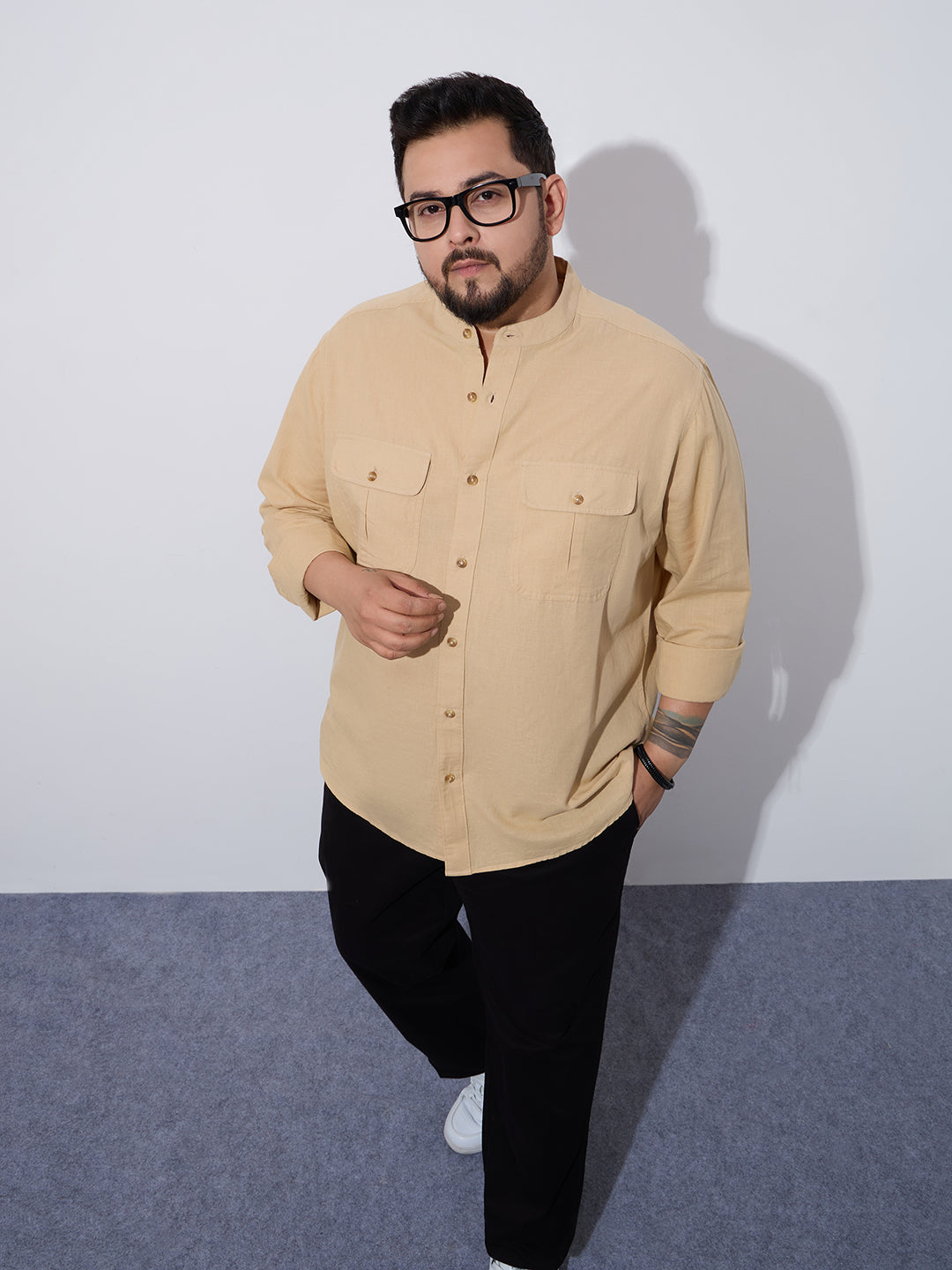 Plus Size Cotton Linen Shirt 1 Pocket Regular Fit Smart Casual Shirt, Style- Plus-2k53-HoneyGold