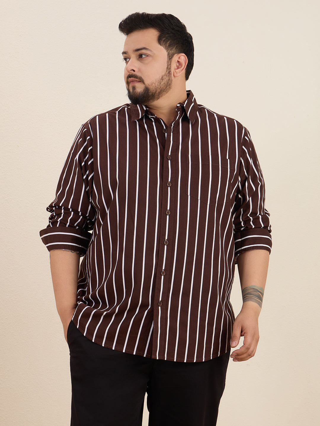 Plus Size Cotton Stripes Shirt 1 Pocket Regular Fit Smart Casual Shirt, Style- Plus-1219-CoffeeBrown