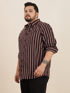 Plus Size Cotton Stripes Shirt 1 Pocket Regular Fit Smart Casual Shirt, Style- Plus-1219-CoffeeBrown