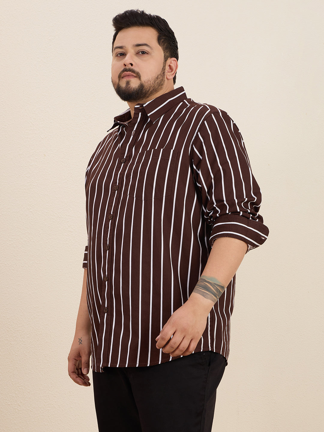 Plus Size Cotton Stripes Shirt 1 Pocket Regular Fit Smart Casual Shirt, Style- Plus-1219-CoffeeBrown