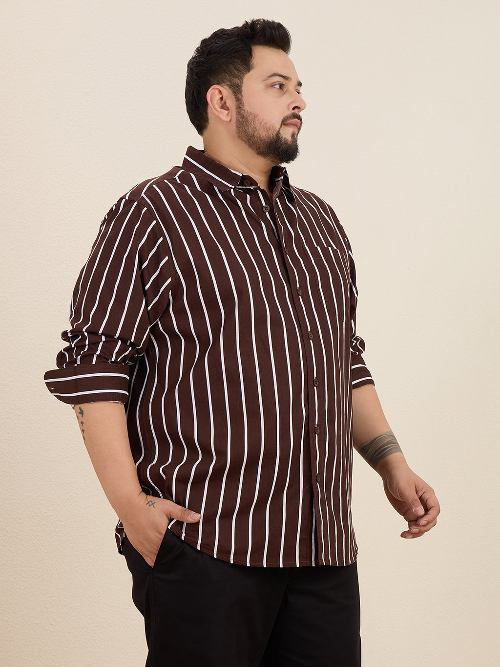 Plus Size Cotton Stripes Shirt 1 Pocket Regular Fit Smart Casual Shirt, Style- Plus-1219-CoffeeBrown