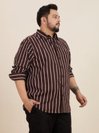 Plus Size Cotton Stripes Shirt 1 Pocket Regular Fit Smart Casual Shirt, Style- Plus-1219-CoffeeBrown