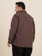 Plus Size Cotton Stripes Shirt 1 Pocket Regular Fit Smart Casual Shirt, Style- Plus-1219-CoffeeBrown