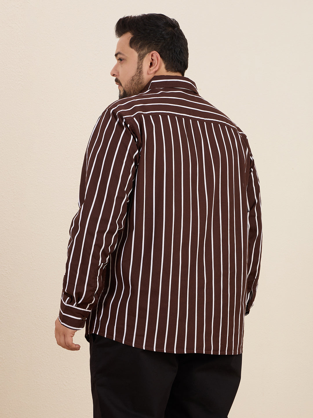 Plus Size Cotton Stripes 1 Pocket Regular Fit Casual Shirt, Style- Plus-1219-CoffeeBrown