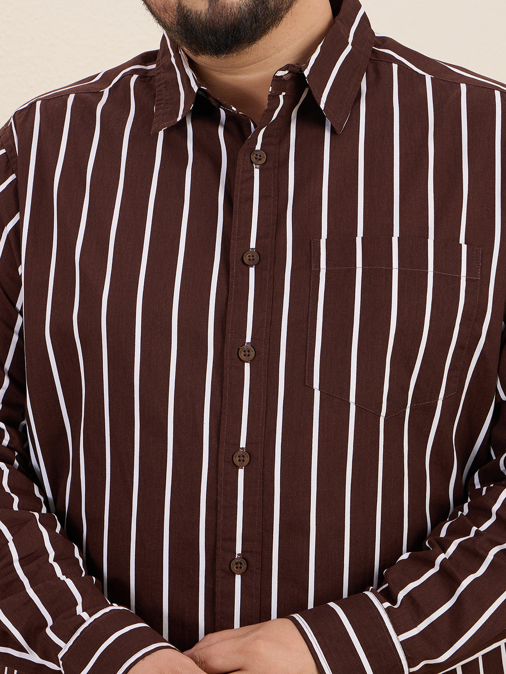 Plus Size Cotton Stripes Shirt 1 Pocket Regular Fit Smart Casual Shirt, Style- Plus-1219-CoffeeBrown