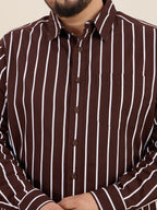 Plus Size Cotton Stripes Shirt 1 Pocket Regular Fit Smart Casual Shirt, Style- Plus-1219-CoffeeBrown