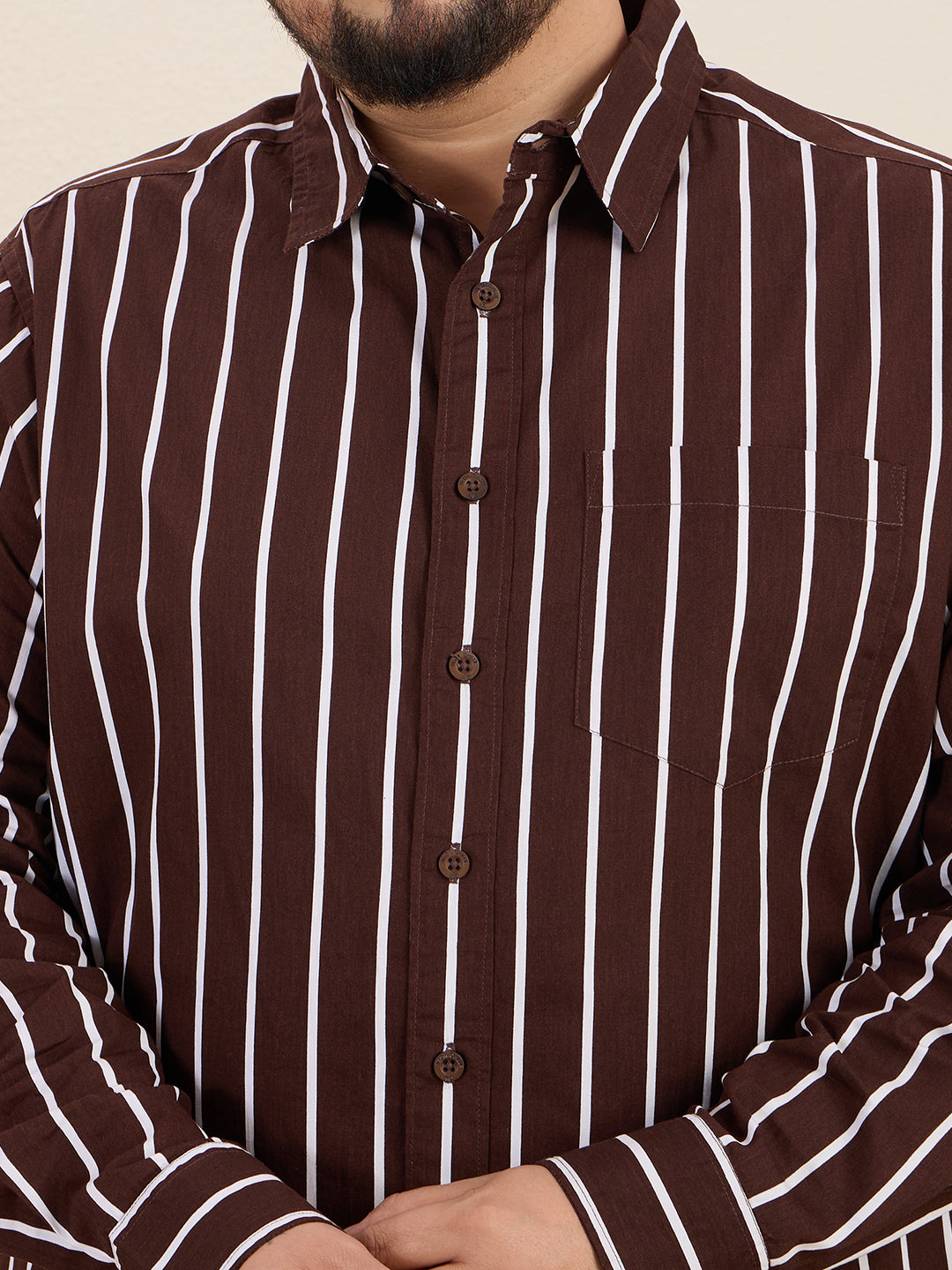 Plus Size Cotton Stripes Shirt 1 Pocket Regular Fit Smart Casual Shirt, Style- Plus-1219-CoffeeBrown