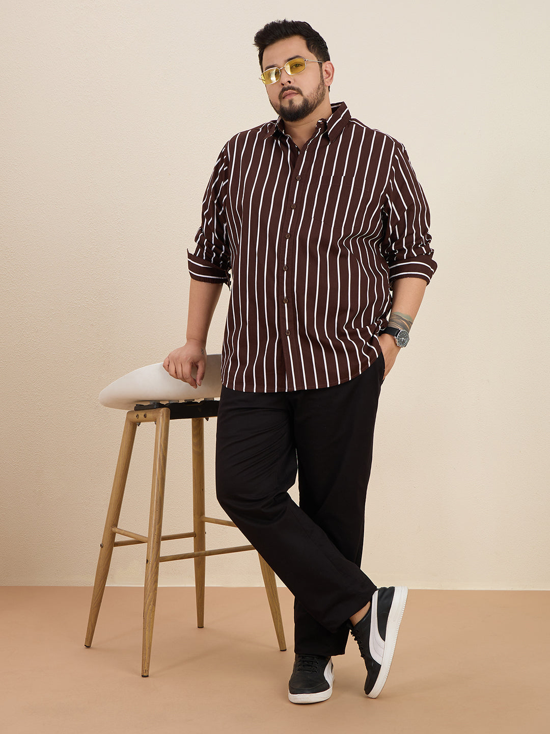 Plus Size Cotton Stripes Shirt 1 Pocket Regular Fit Smart Casual Shirt, Style- Plus-1219-CoffeeBrown