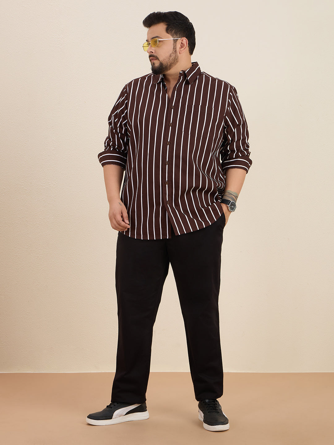 Plus Size Cotton Stripes Shirt 1 Pocket Regular Fit Smart Casual Shirt, Style- Plus-1219-CoffeeBrown