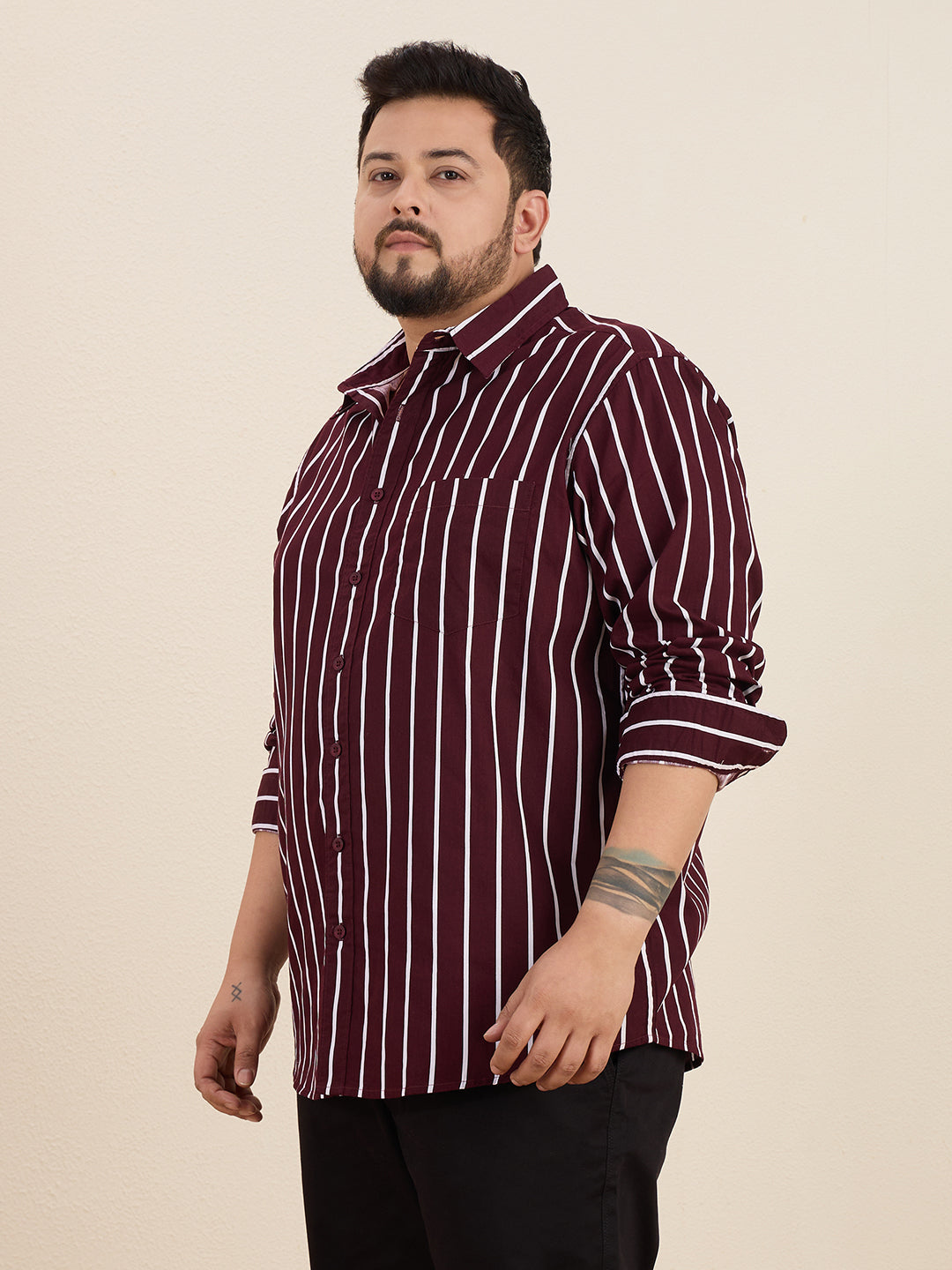 Plus Size Cotton Stripes Shirt 1 Pocket Regular Fit Smart Casual Shirt, Style-Plus-1219-Burgundy