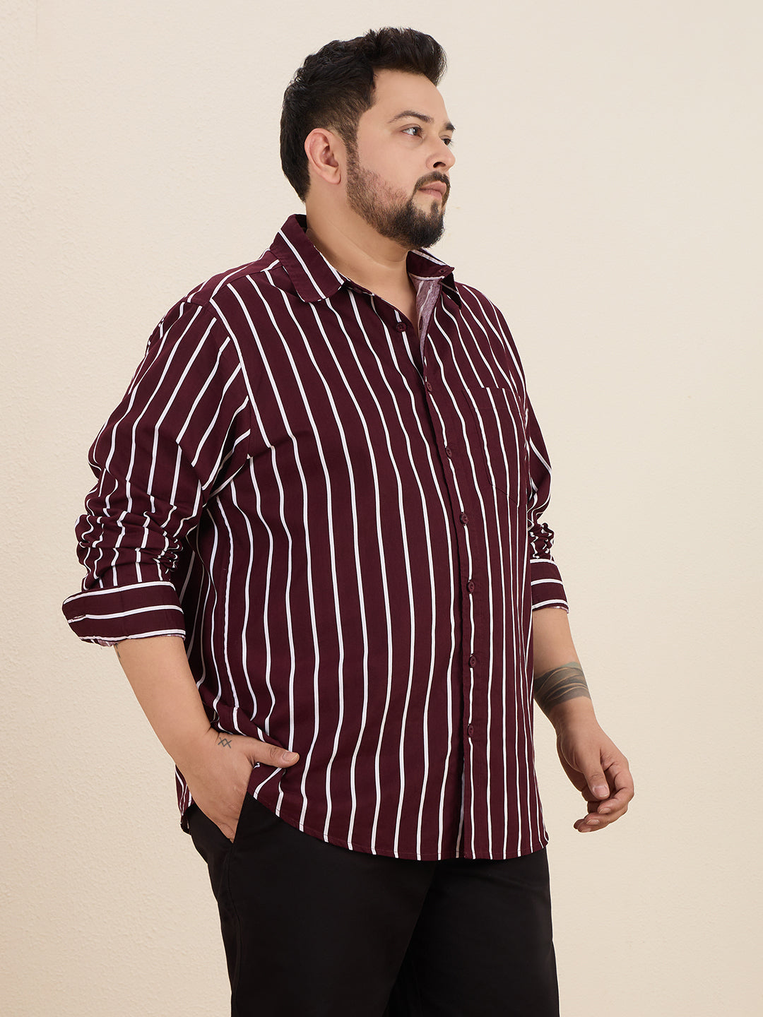 Plus Size Cotton Stripes Shirt 1 Pocket Regular Fit Smart Casual Shirt, Style-Plus-1219-Burgundy