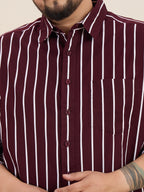 Plus Size Cotton Stripes Shirt 1 Pocket Regular Fit Smart Casual Shirt, Style-Plus-1219-Burgundy