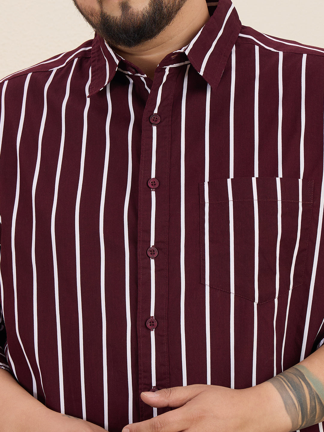 Plus Size Cotton Stripes Shirt 1 Pocket Regular Fit Smart Casual Shirt, Style-Plus-1219-Burgundy