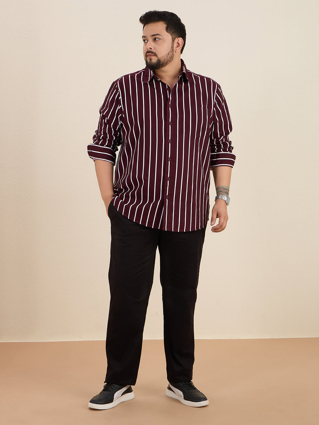 Plus Size Cotton Stripes Shirt 1 Pocket Regular Fit Smart Casual Shirt, Style-Plus-1219-Burgundy