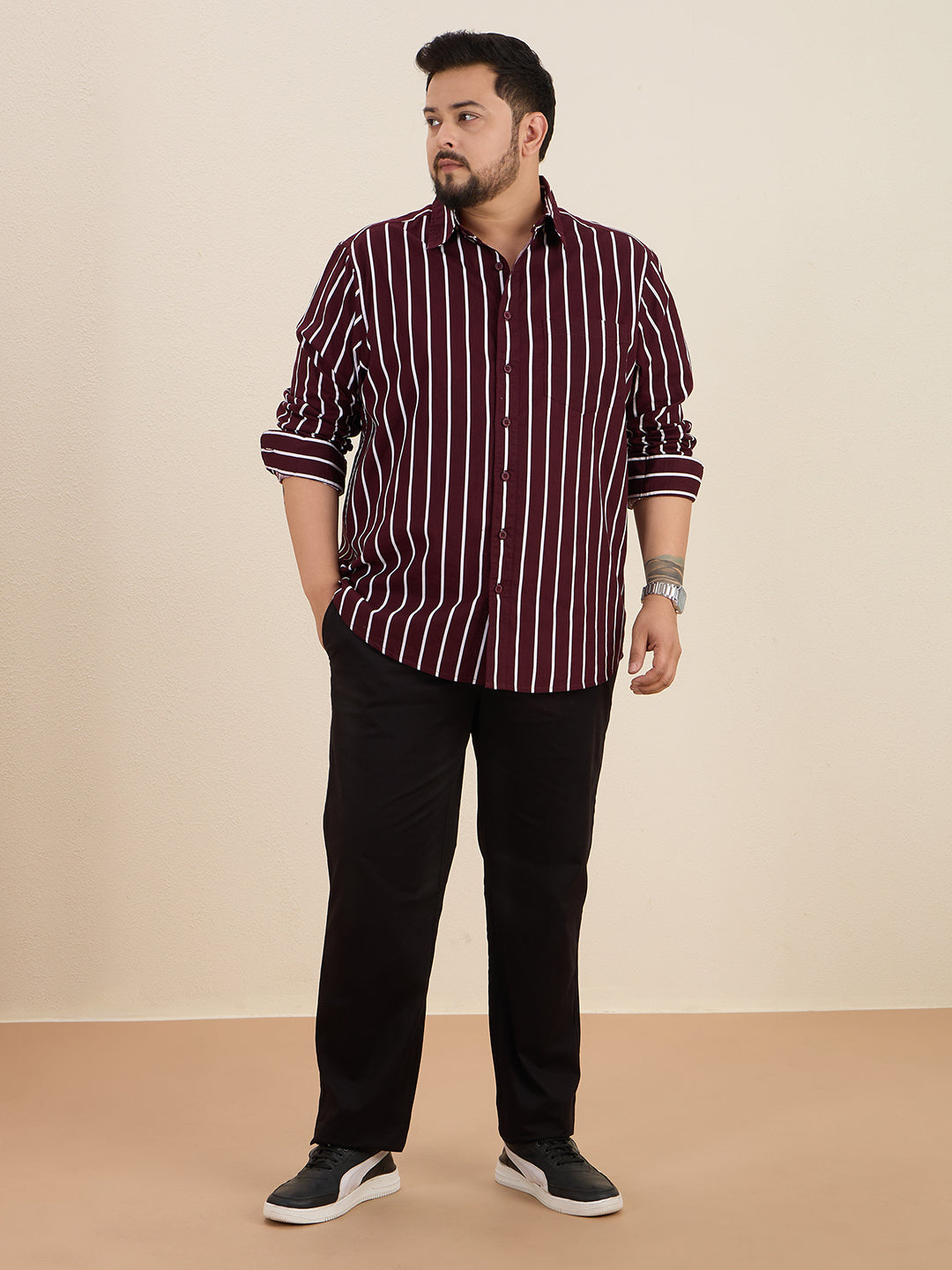 Plus Size Cotton Stripes Shirt 1 Pocket Regular Fit Smart Casual Shirt, Style-Plus-1219-Burgundy