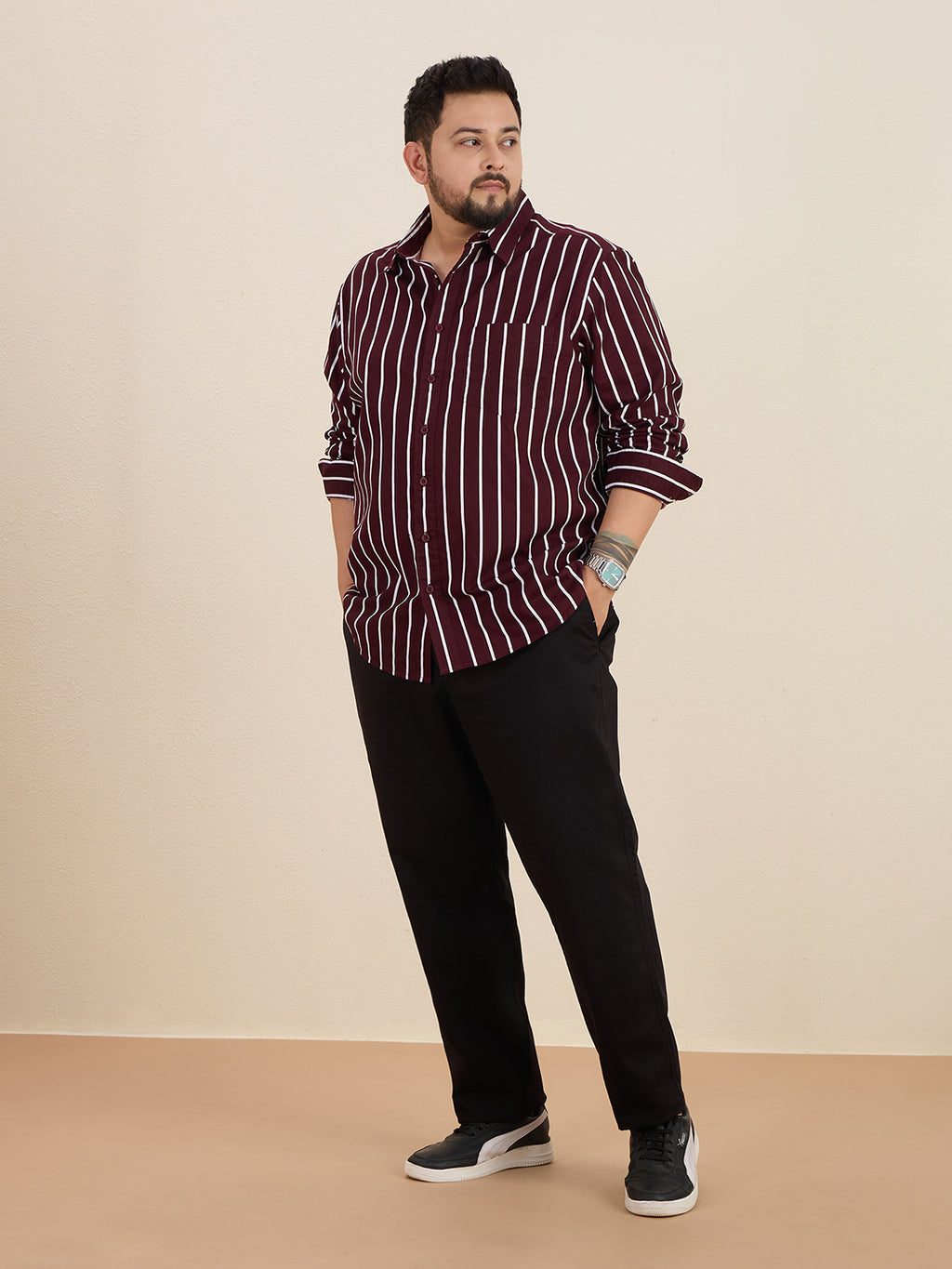 Plus Size Cotton Stripes Shirt 1 Pocket Regular Fit Smart Casual Shirt, Style-Plus-1219-Burgundy