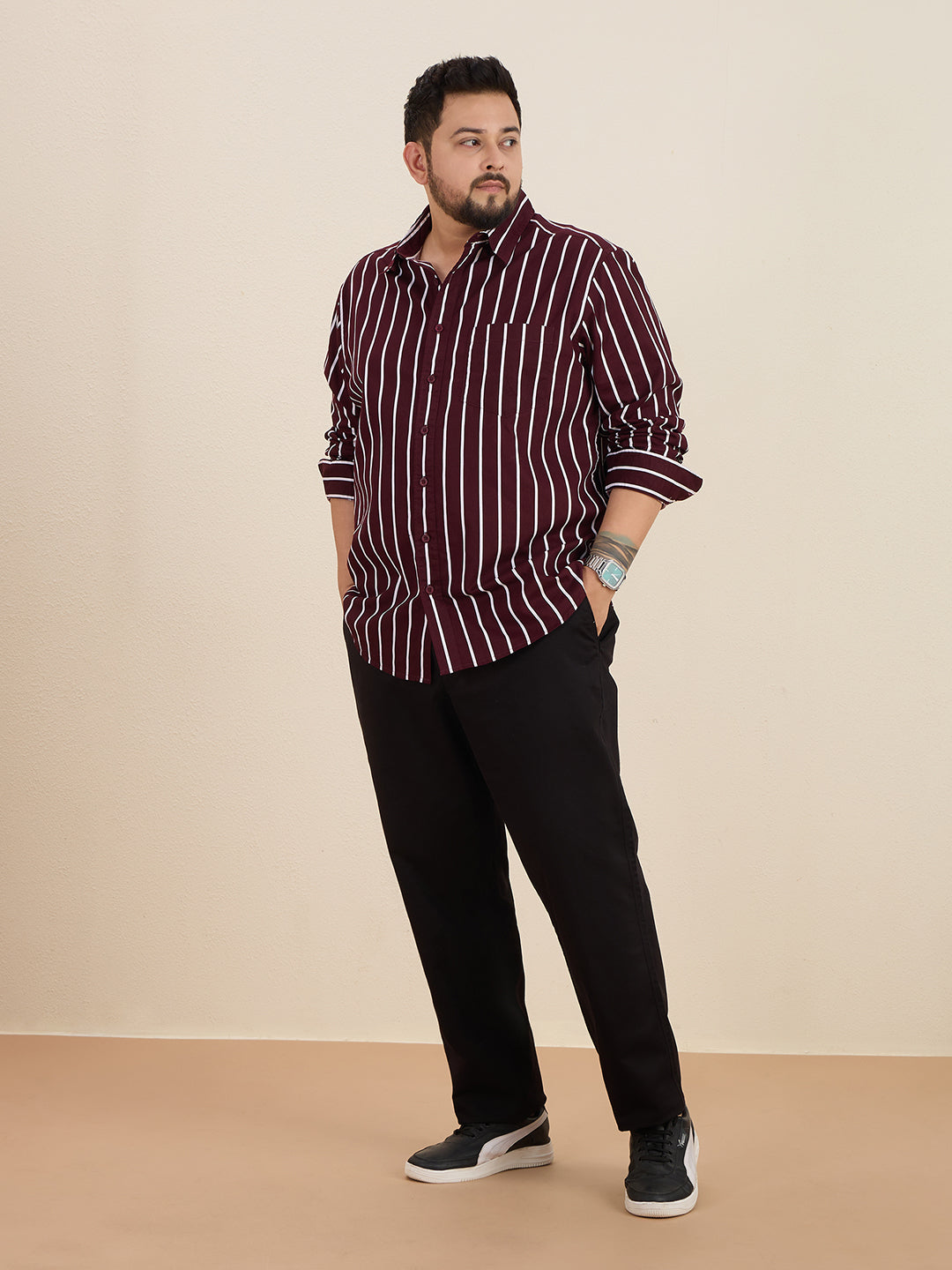 Plus Size Cotton Stripes Shirt 1 Pocket Regular Fit Smart Casual Shirt, Style-Plus-1219-Burgundy