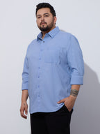 Plus Size Cotton 1 Pocket Regular Fit Smart Casual Shirt - Sky Blue