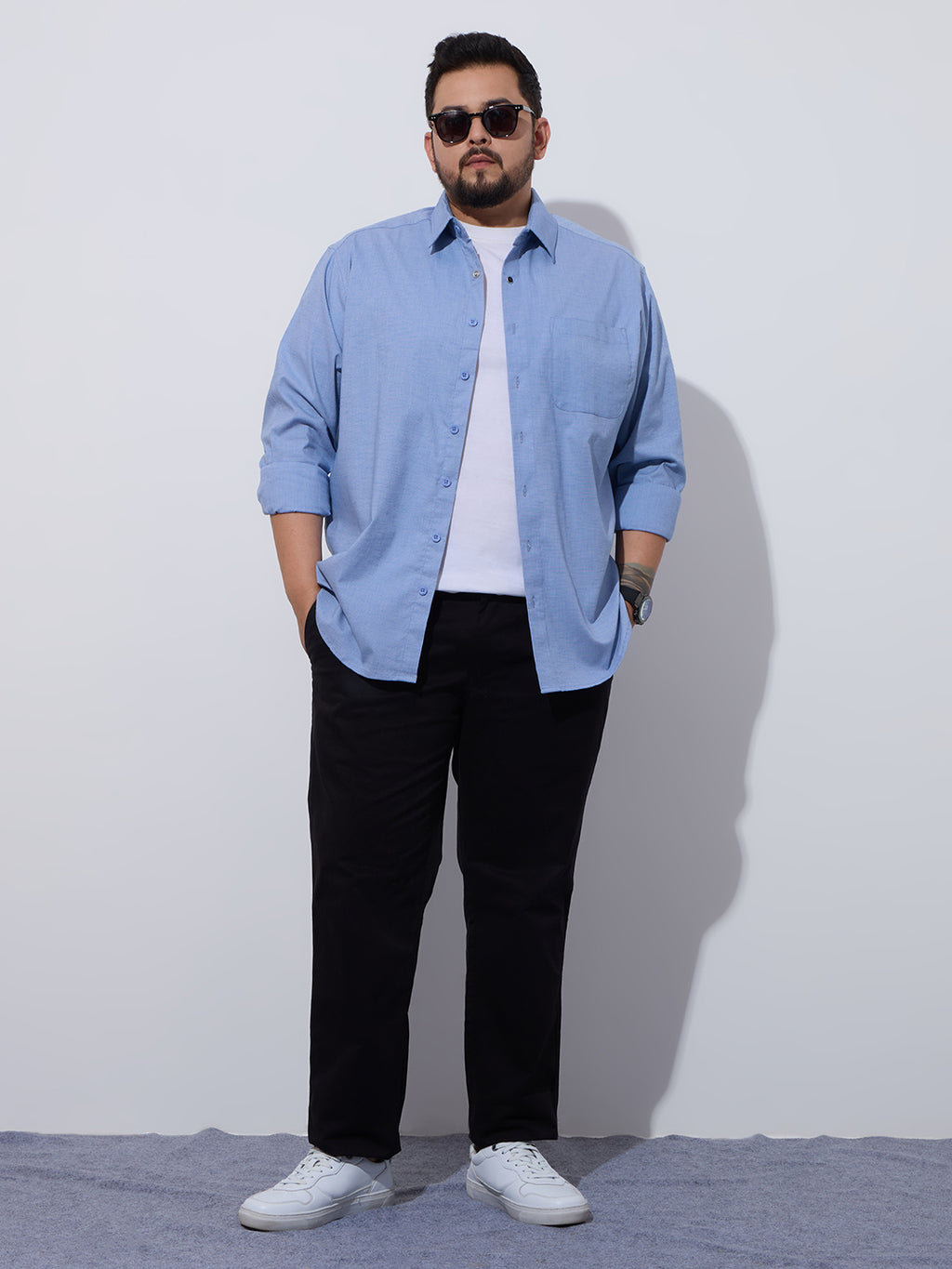 Plus Size Cotton 1 Pocket Regular Fit Smart Casual Shirt - Sky Blue