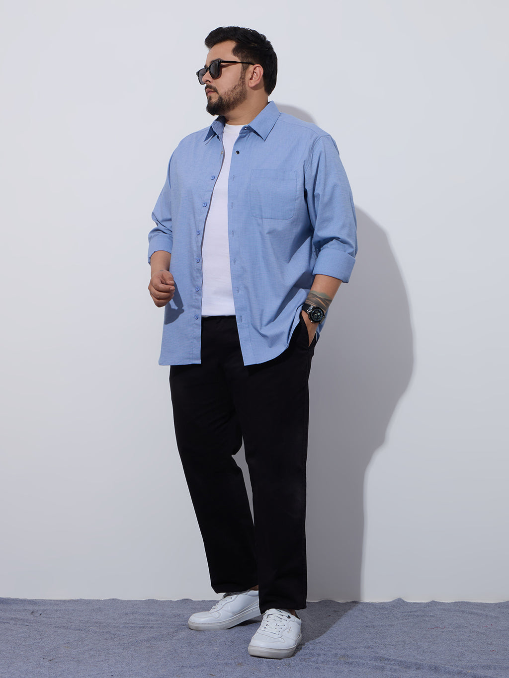 Plus Size Cotton 1 Pocket Regular Fit Smart Casual Shirt - Sky Blue
