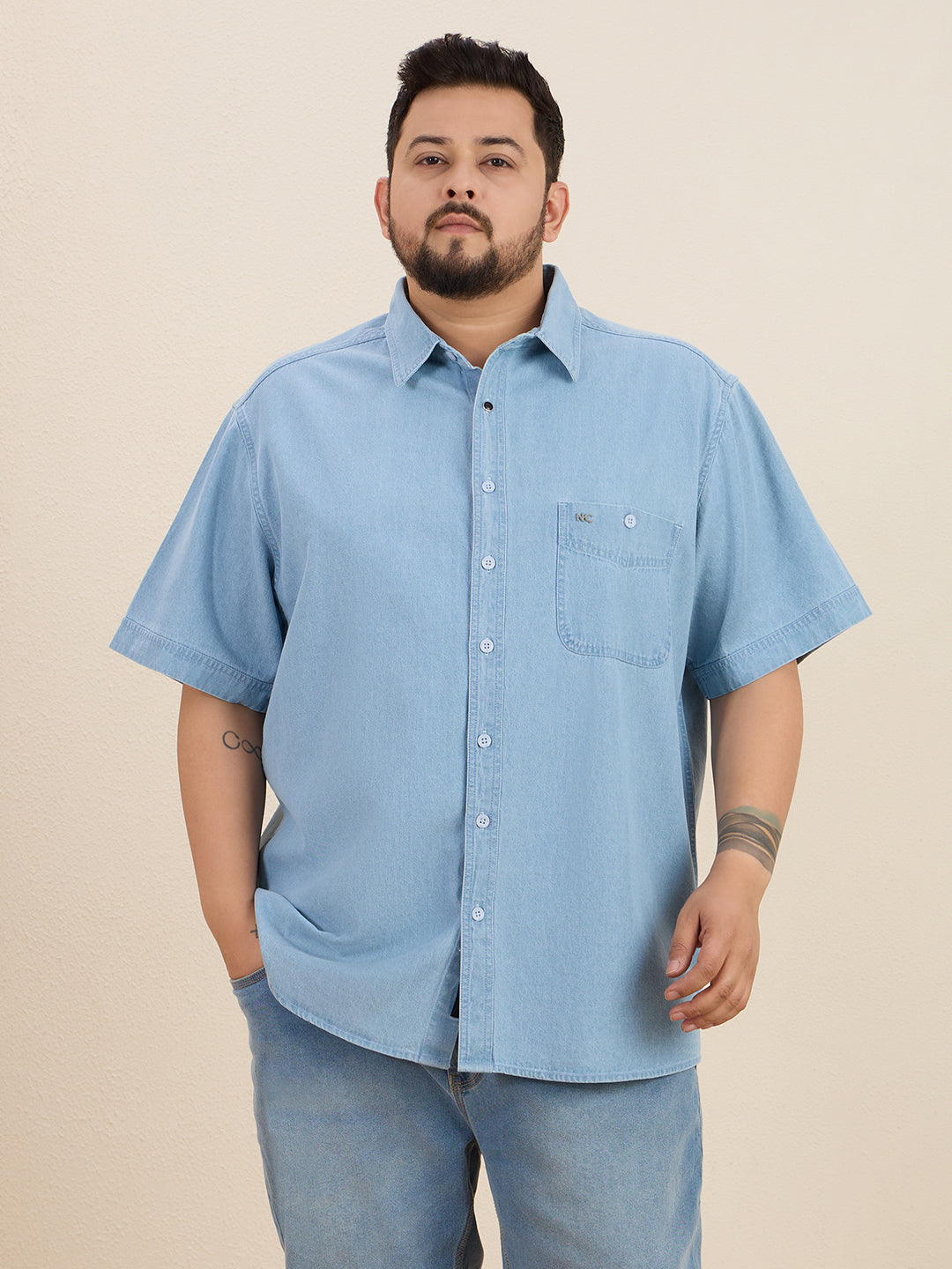 Plus Size Denim Regular Fit Smart Casual Shirt - Light Blue