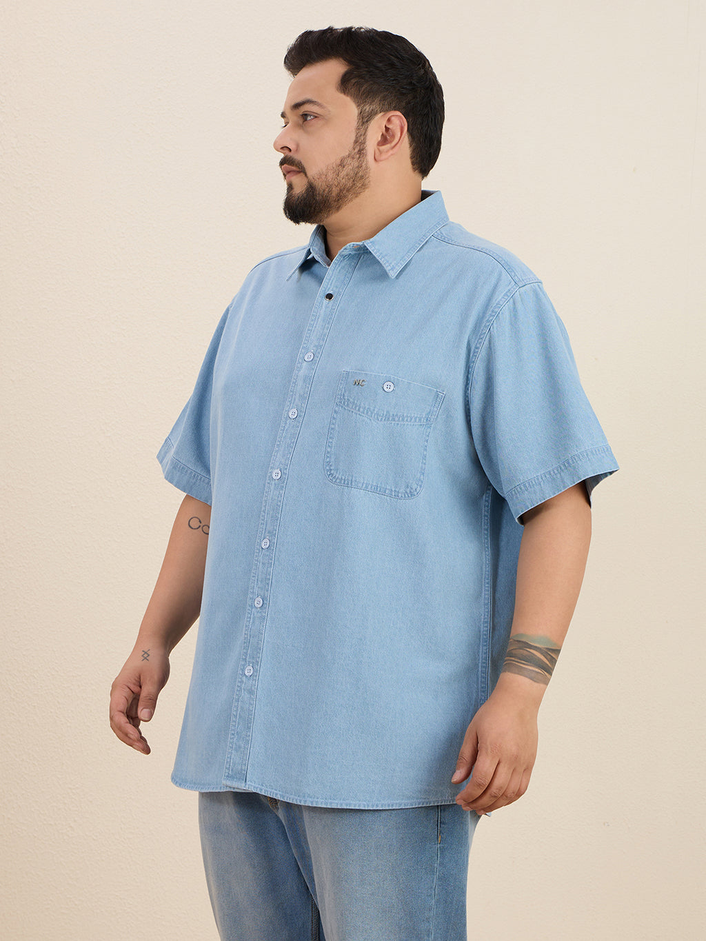 Plus Size Denim Regular Fit Smart Casual Shirt - Light Blue