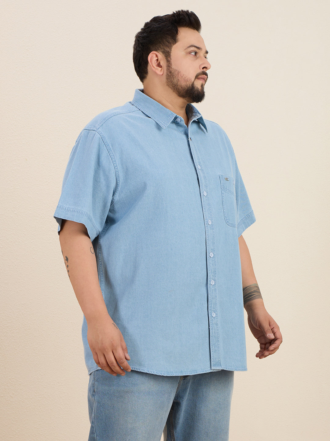 Plus Size Denim Regular Fit Smart Casual Shirt - Light Blue