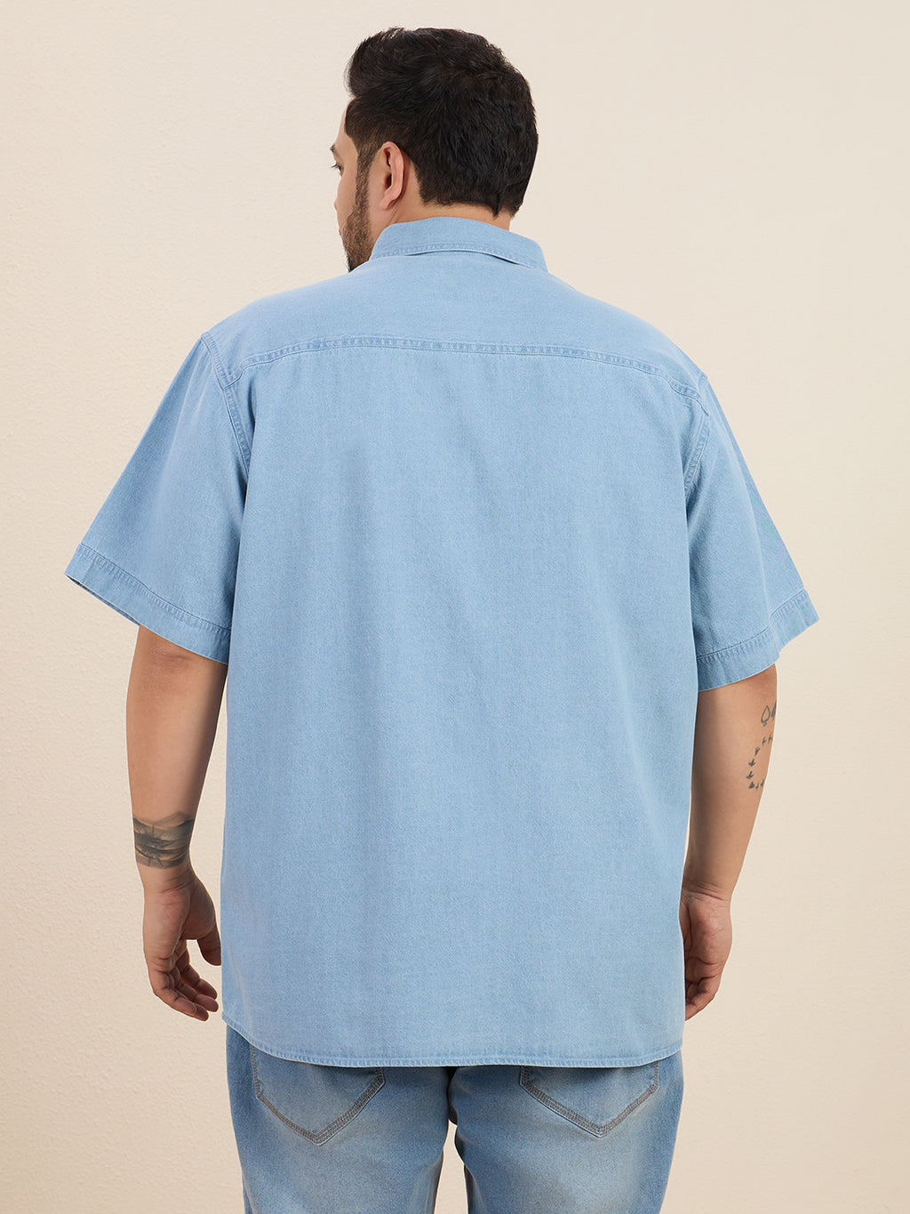 Plus Size Denim Regular Fit Smart Casual Shirt - Light Blue