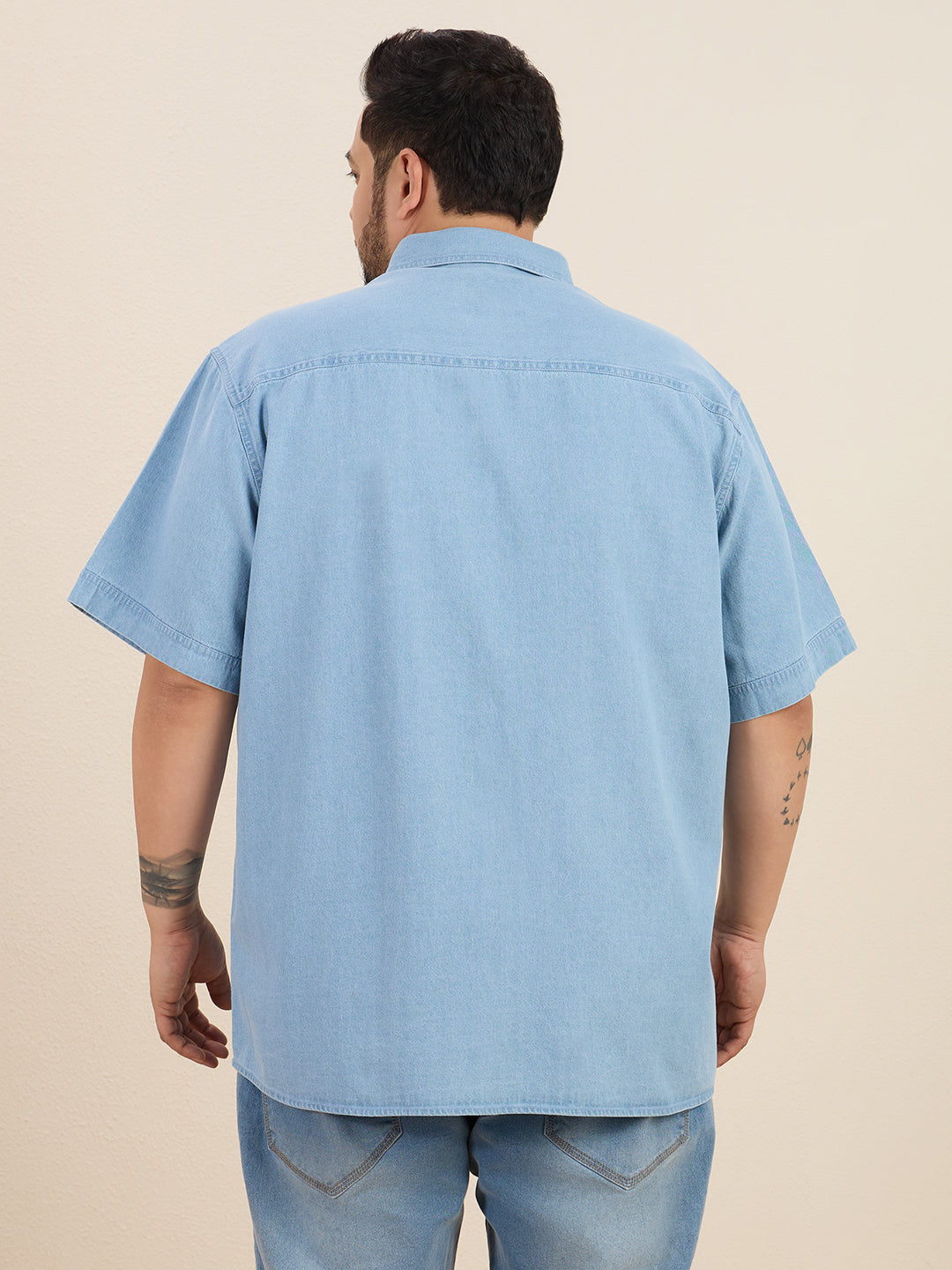 Plus Size Denim Regular Fit Smart Casual Shirt - Light Blue