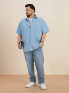 Plus Size Denim Regular Fit Smart Casual Shirt - Light Blue